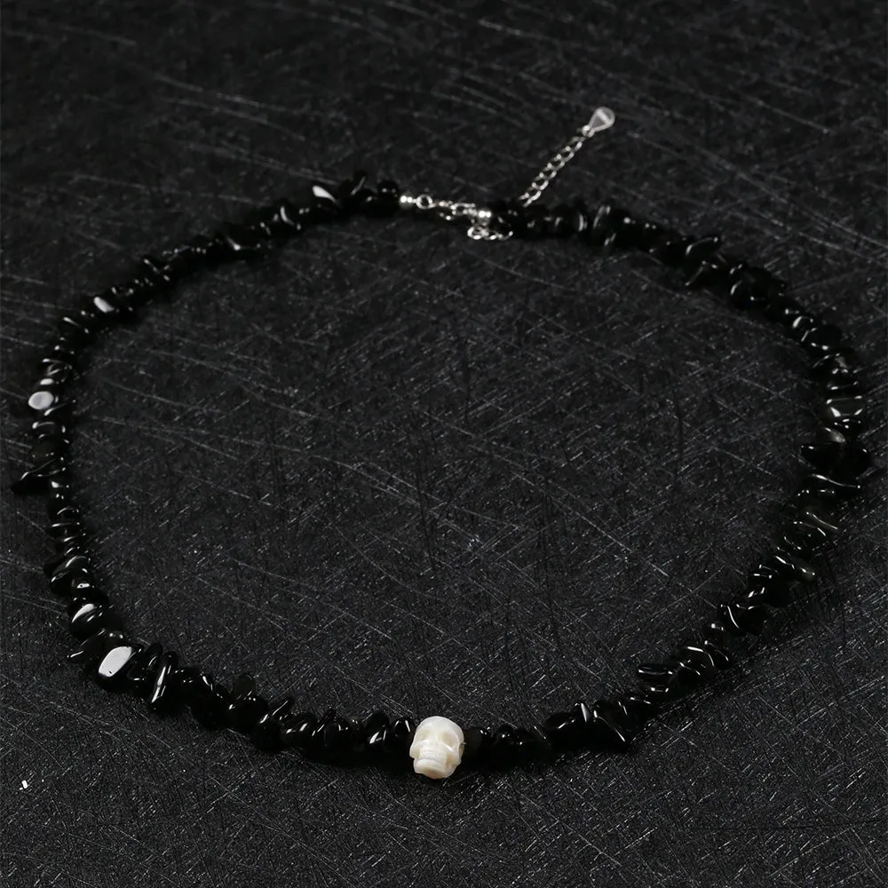 Natural Obsidia Stone Pearl Skull Necklace