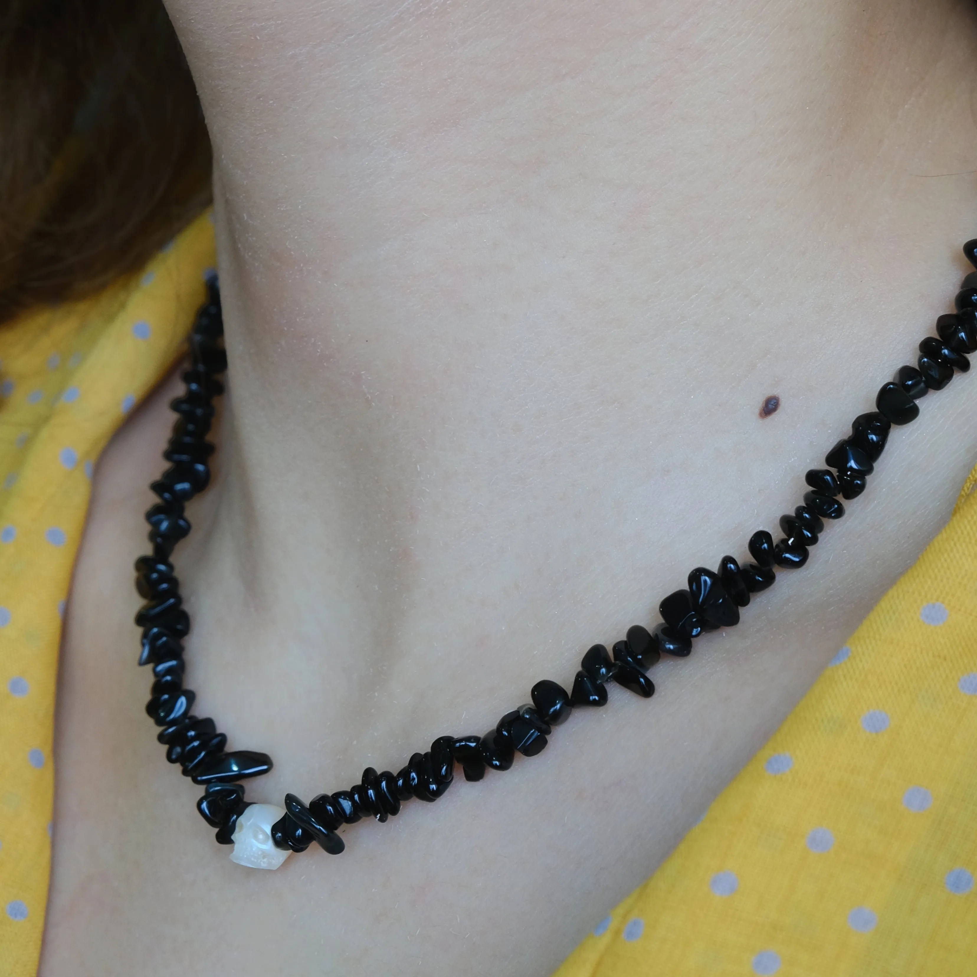 Natural Obsidia Stone Pearl Skull Necklace