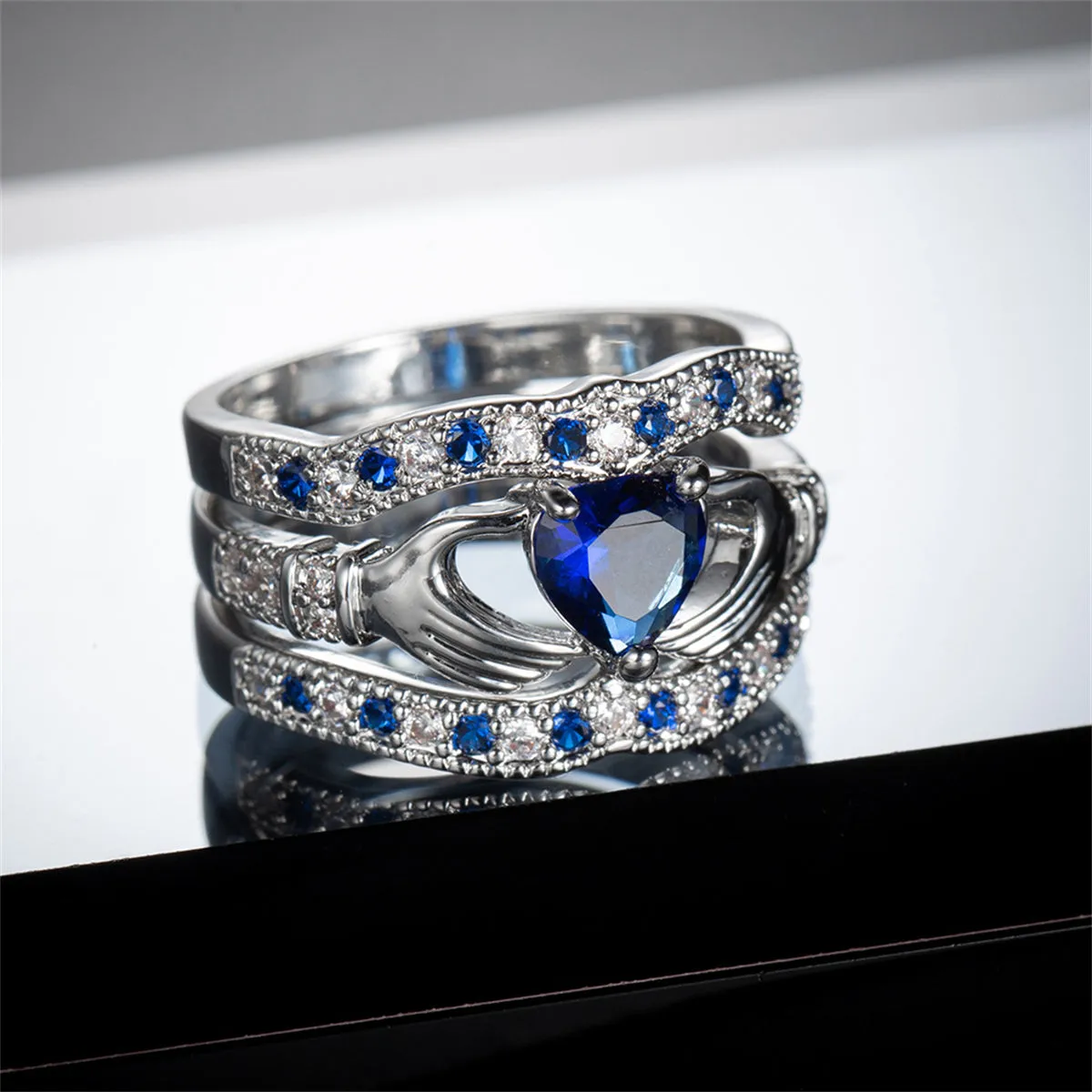 Navy Crystal & Cubic Zirconia Claddagh Fitted Ring Set