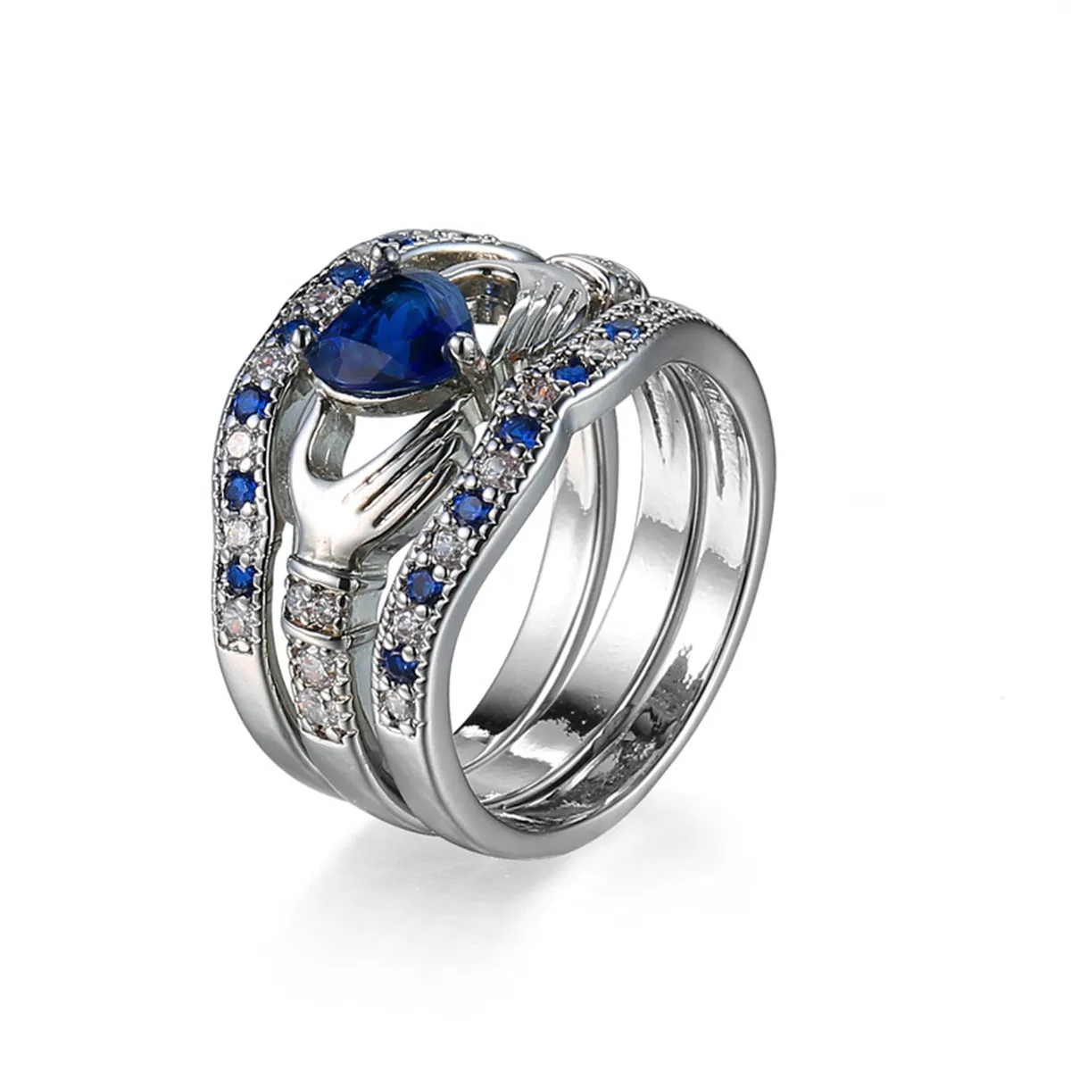 Navy Crystal & Cubic Zirconia Claddagh Fitted Ring Set