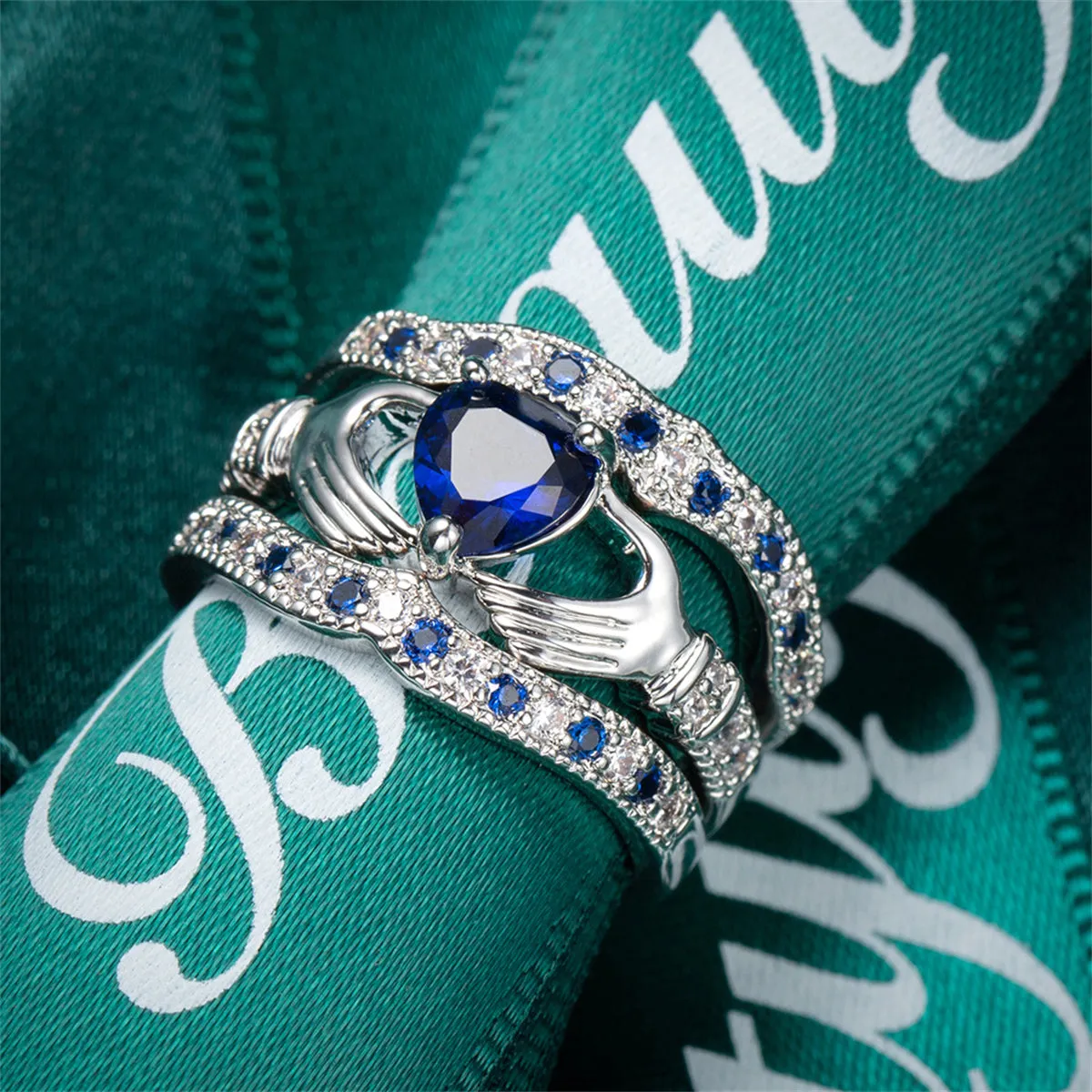 Navy Crystal & Cubic Zirconia Claddagh Fitted Ring Set