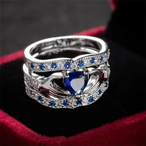 Navy Crystal & Cubic Zirconia Claddagh Fitted Ring Set