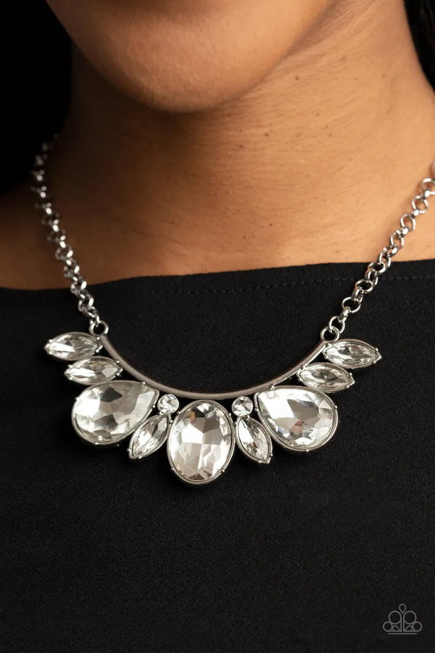 Never SLAY Never - White - Oversized Gem Paparazzi Short Necklace - May 2021 Life of the Party Exclusive
