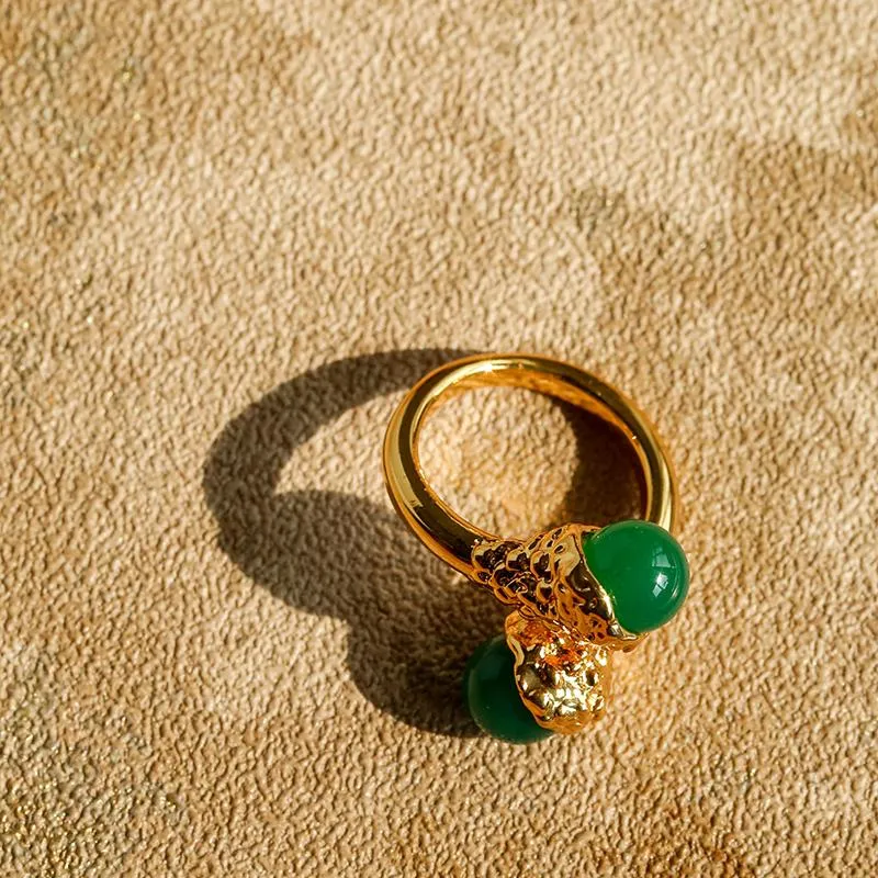 Niche Metal Wind Lava Water Drop Agate Open Ring-Green Agate