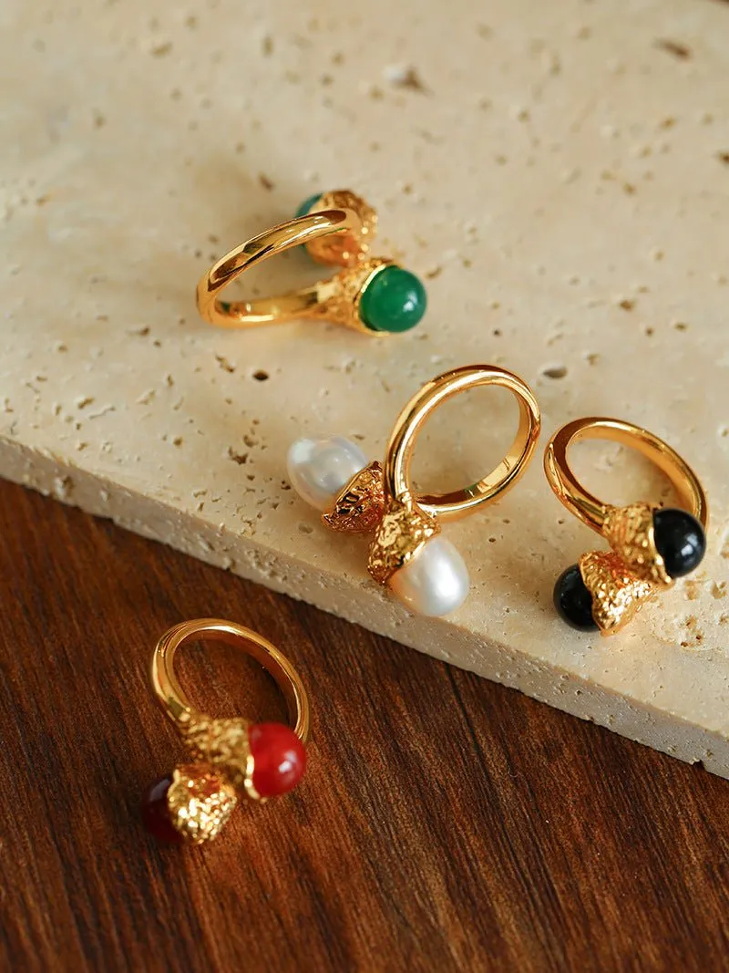 Niche Metal Wind Lava Water Drop Agate Open Ring-Green Agate