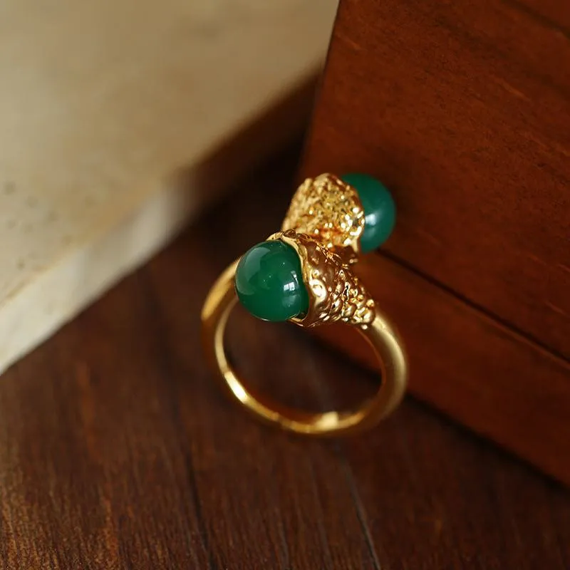 Niche Metal Wind Lava Water Drop Agate Open Ring-Green Agate