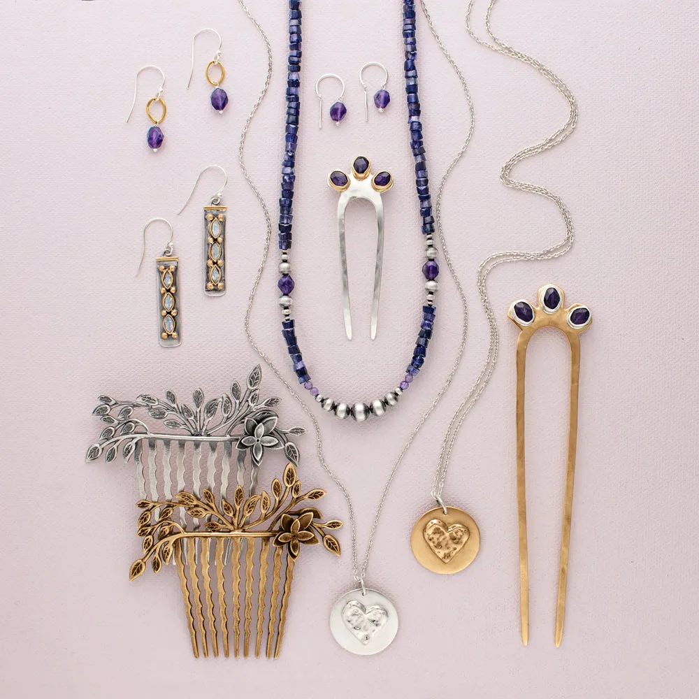 Oblong Stony Dancer Threaders in Amethyst & Gold - 1 1/8" L