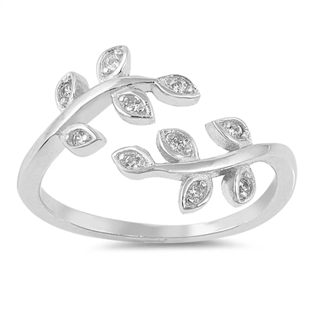 Open Leaf Clear CZ Tree Branch Nature Ring .925 Sterling Silver Band Sizes 4-10