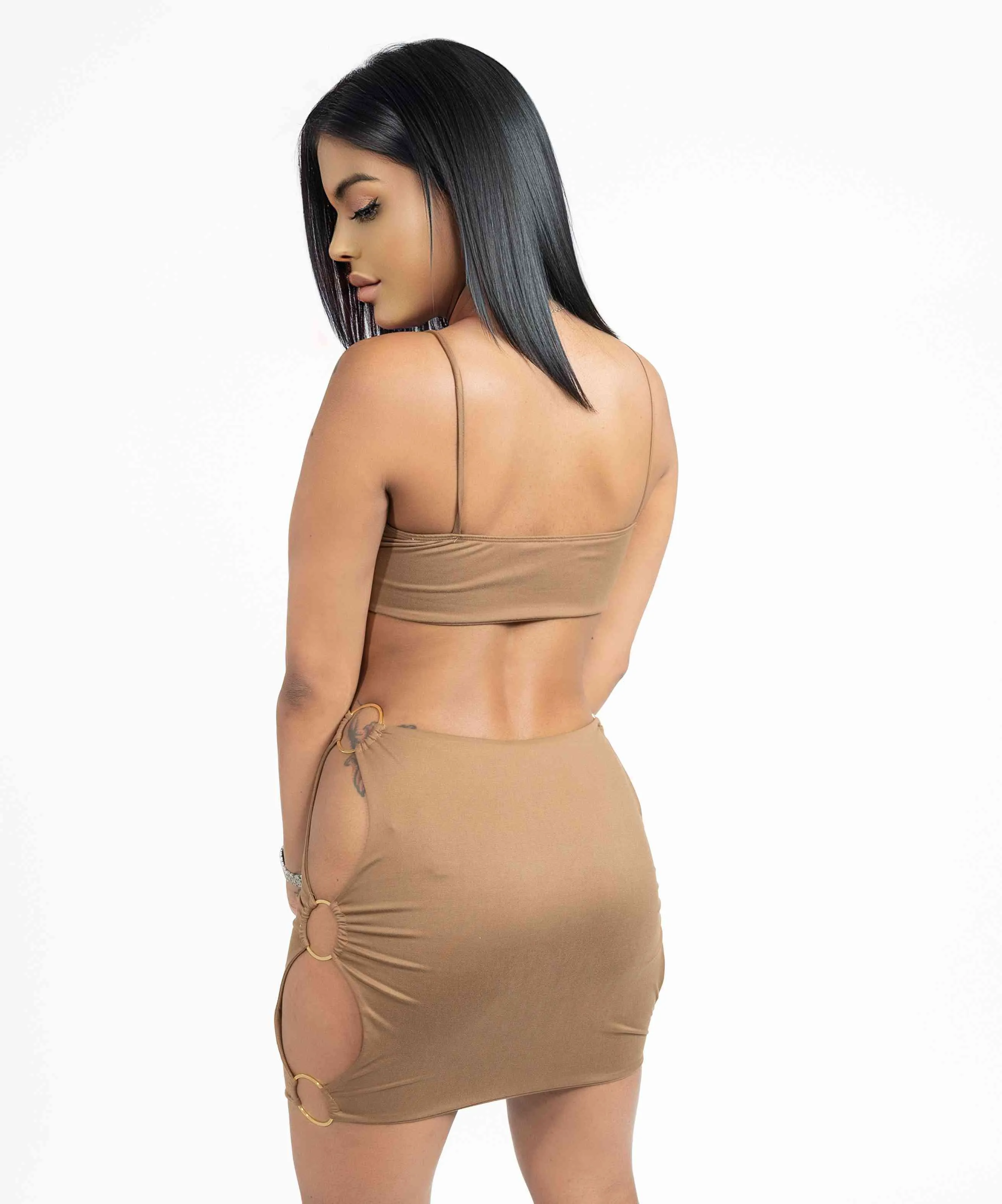 Open Side Gold Ring Mini Dress