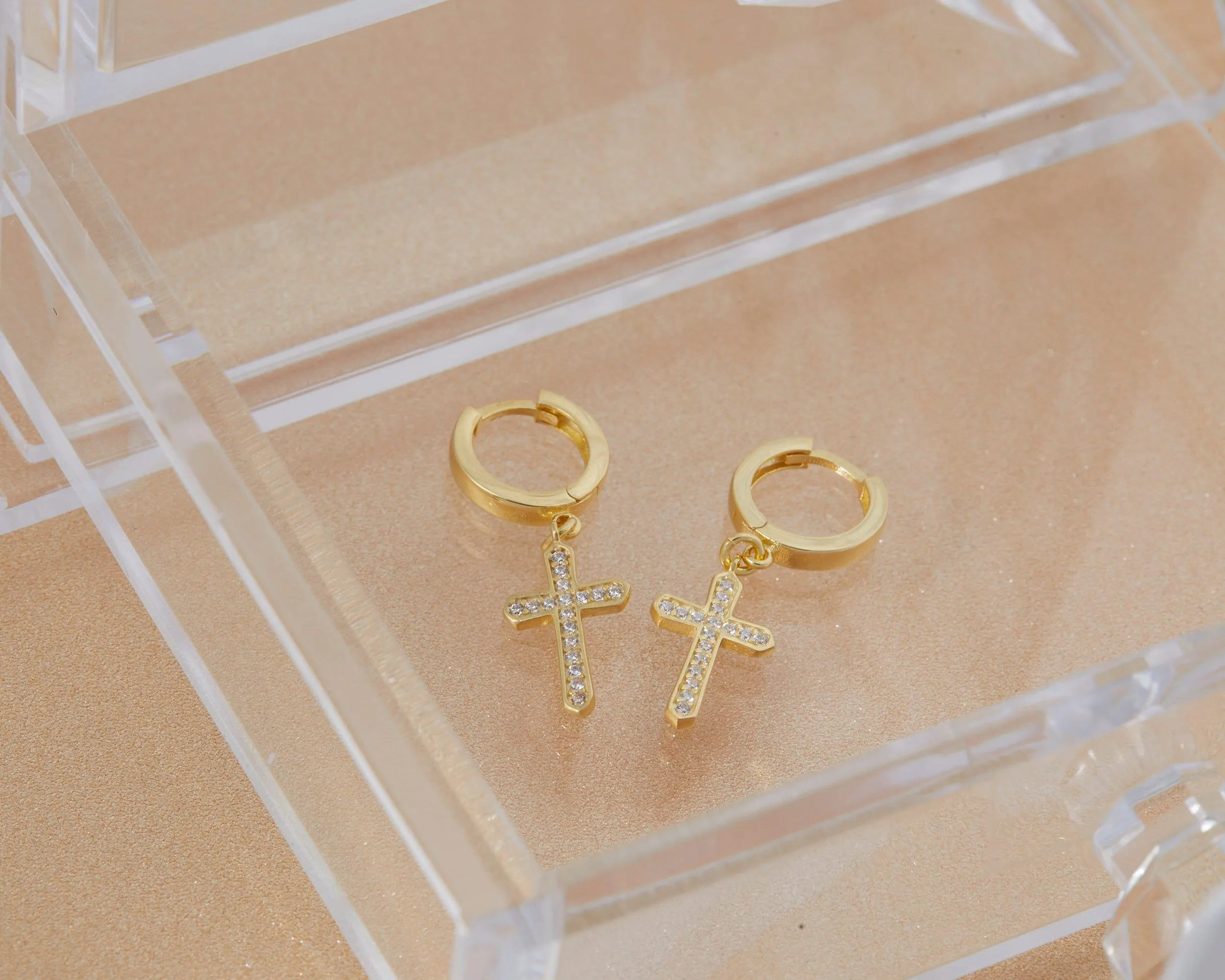Pave Cross Earrings - 18K Gold Vermeil
