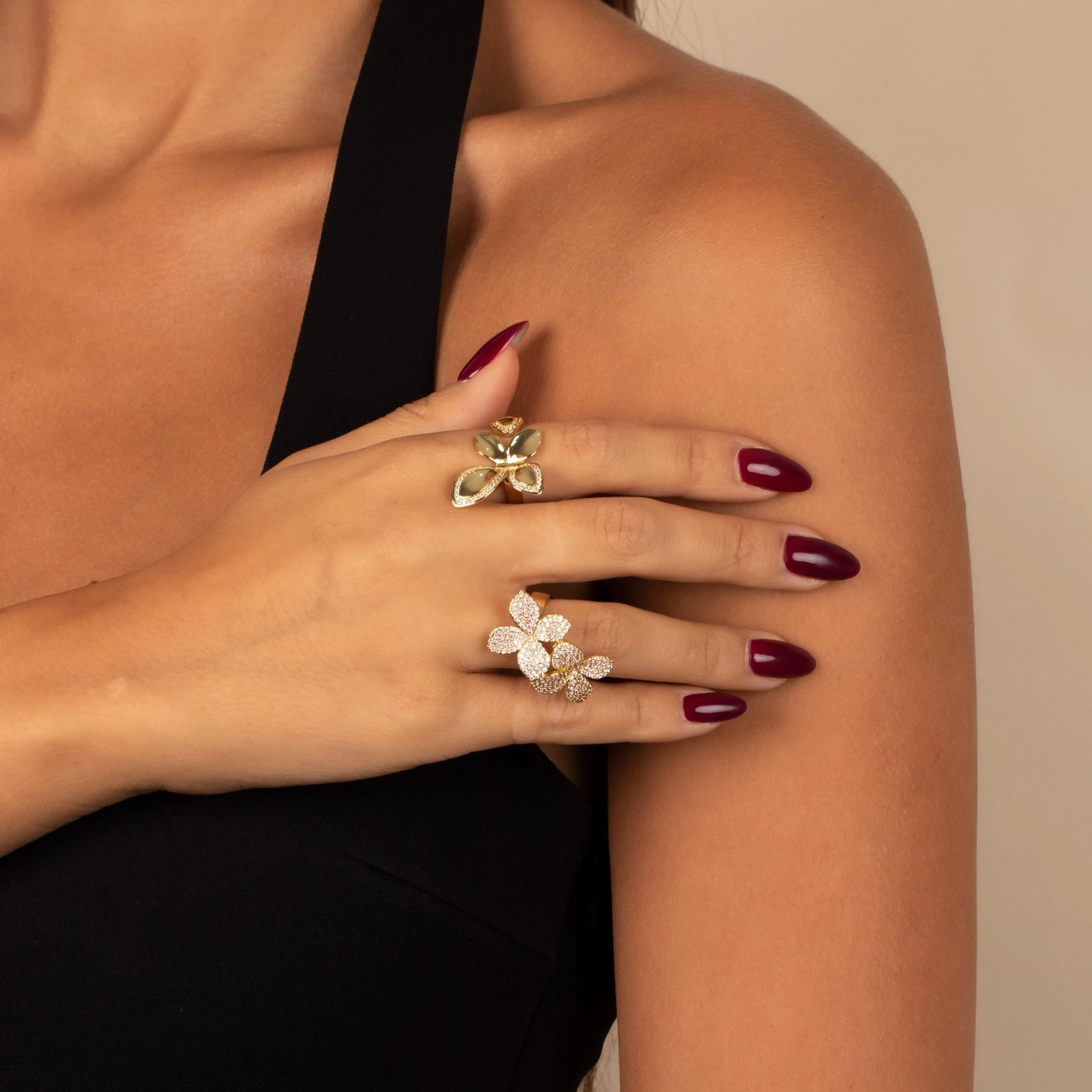 Pave CZ Accented Open Flower Ring