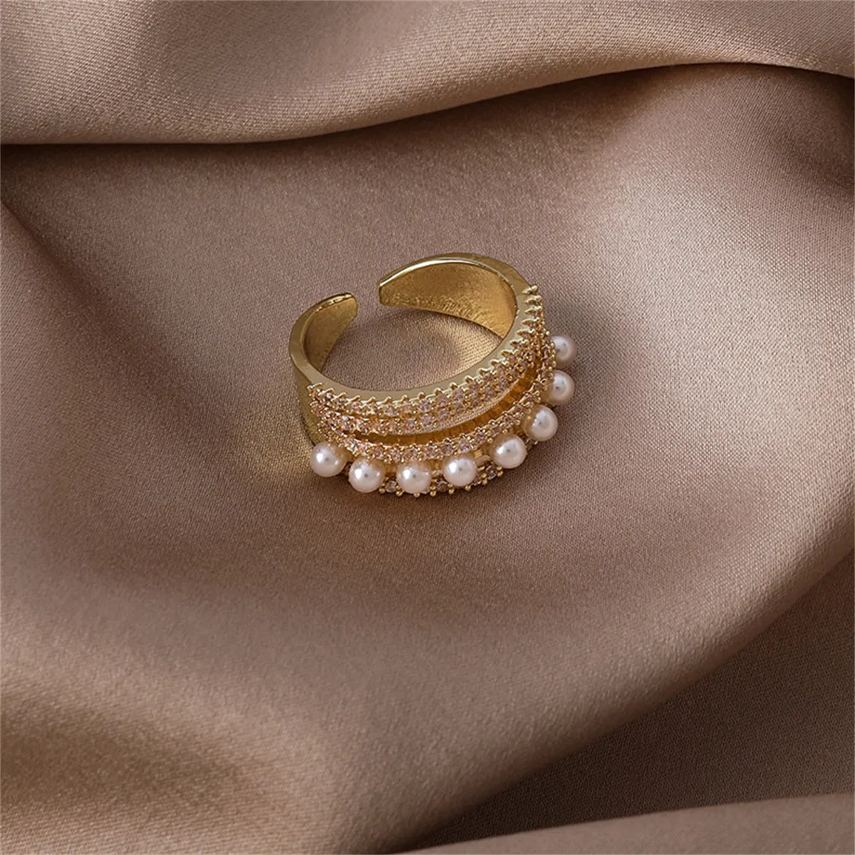 Pearl & Cubic Zirconia 18K Gold-Plated Pavé Layered Open Ring