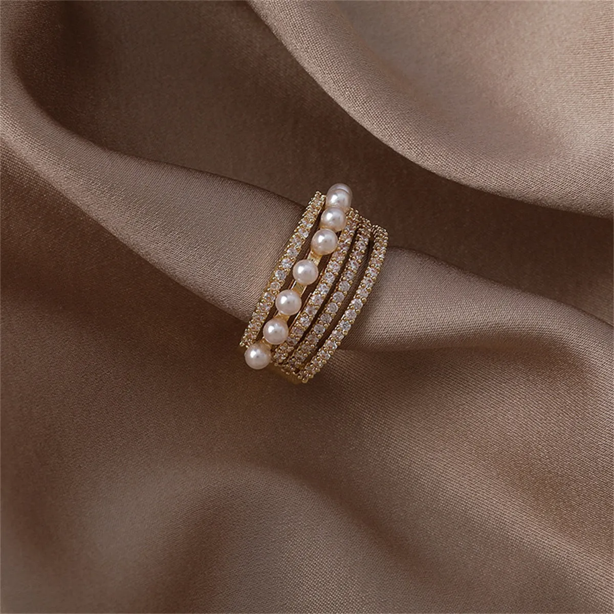 Pearl & Cubic Zirconia 18K Gold-Plated Pavé Layered Open Ring