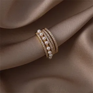 Pearl & Cubic Zirconia 18K Gold-Plated Pavé Layered Open Ring