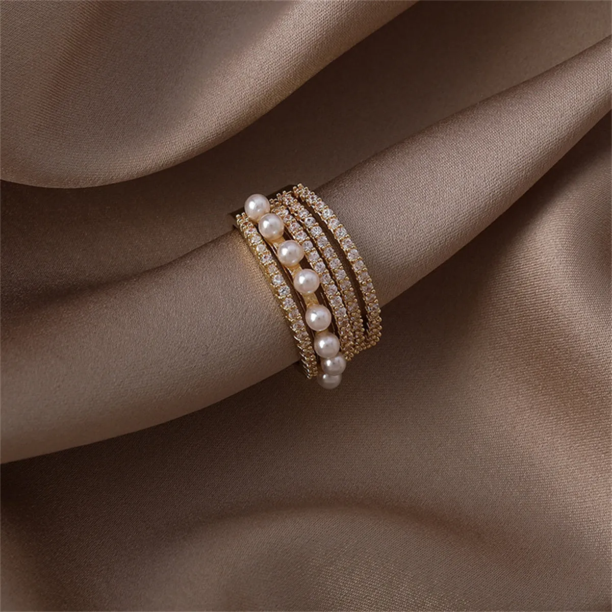 Pearl & Cubic Zirconia 18K Gold-Plated Pavé Layered Open Ring