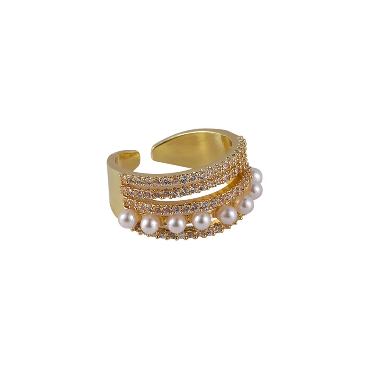 Pearl & Cubic Zirconia 18K Gold-Plated Pavé Layered Open Ring
