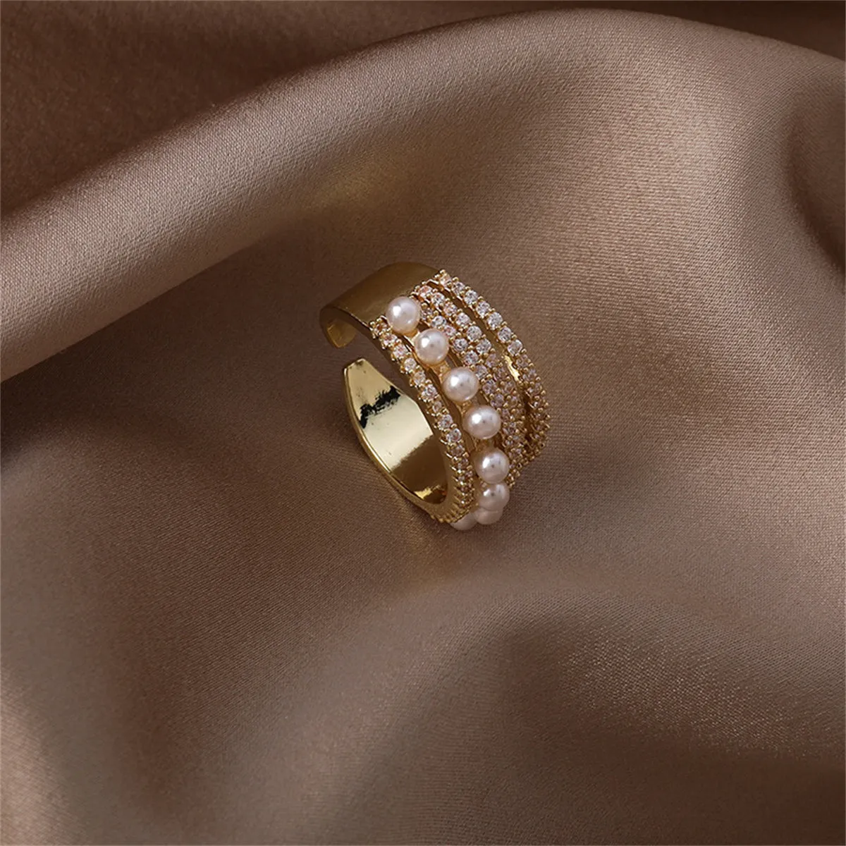 Pearl & Cubic Zirconia 18K Gold-Plated Pavé Layered Open Ring