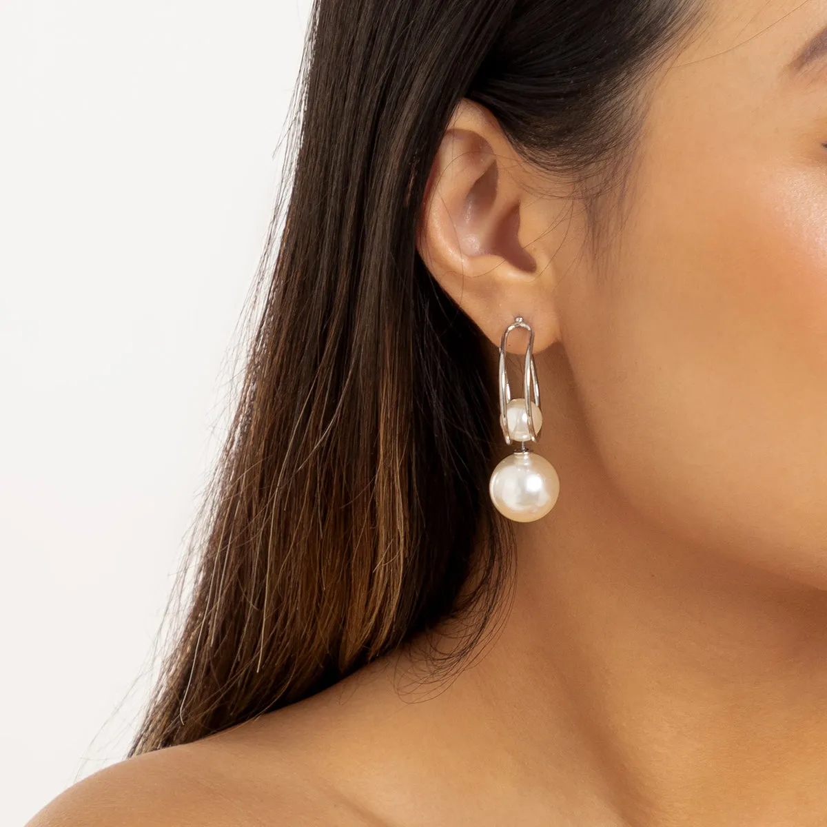 Pearl & Silver-Plated Double-Bead Huggie Earrings