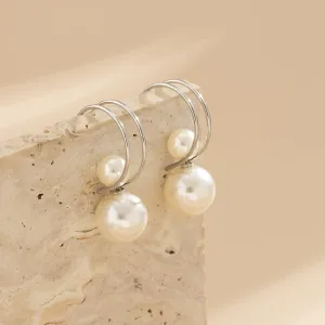 Pearl & Silver-Plated Double-Bead Huggie Earrings