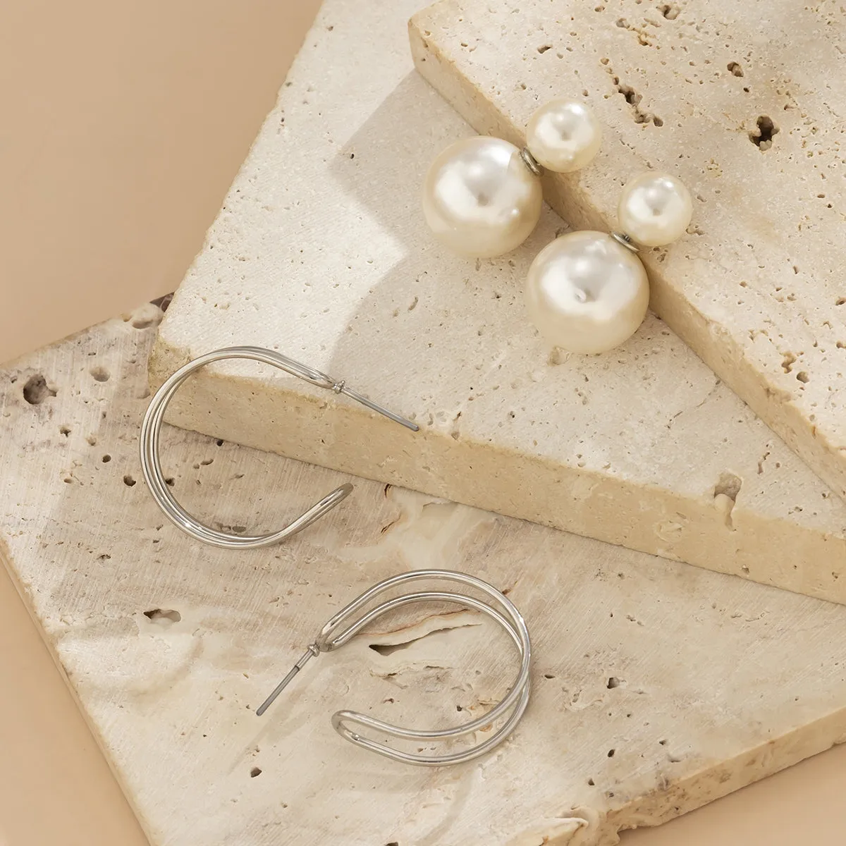 Pearl & Silver-Plated Double-Bead Huggie Earrings