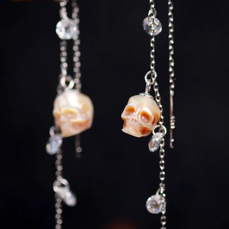 Pearl Skull With Zircon Ear Threader Earrings