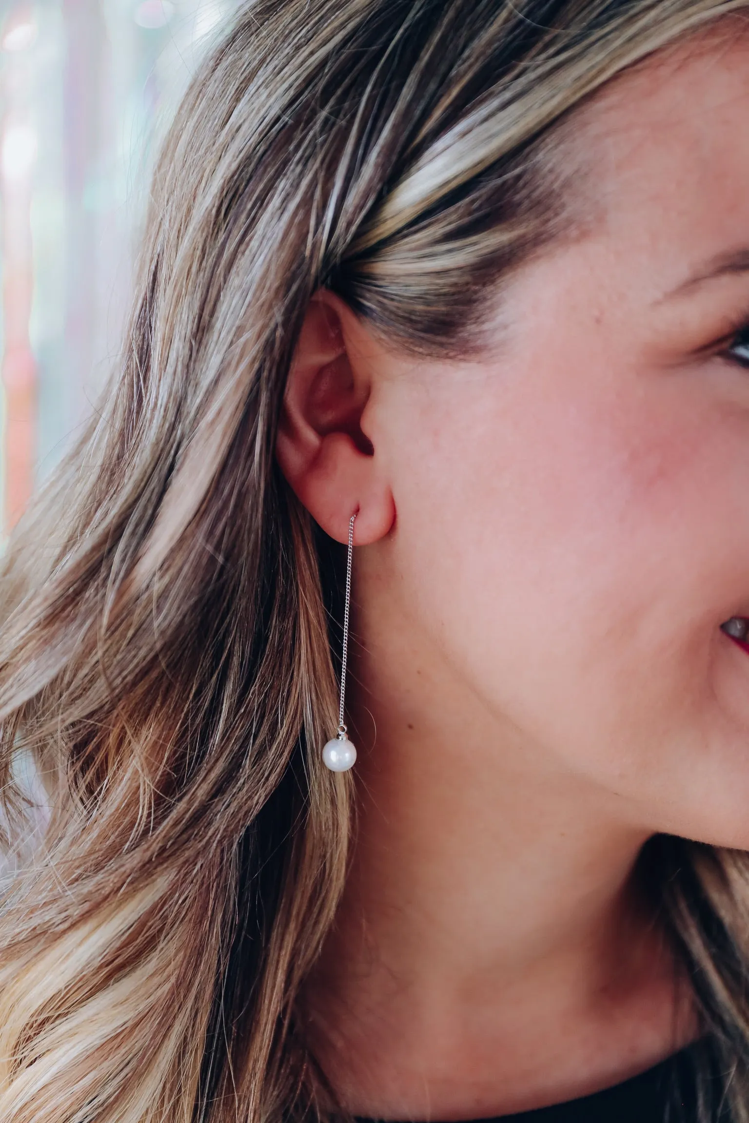 Pearly Girl Threader Earrings by B.b.Lila - Silver