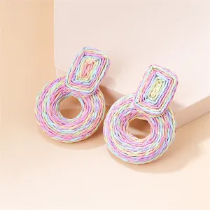 Pink & Blue Raffia Geo Drop Earrings