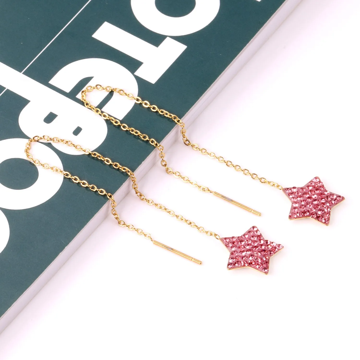 Pink Cubic Zirconia & 18K Gold-Plated Star Threader Earrings