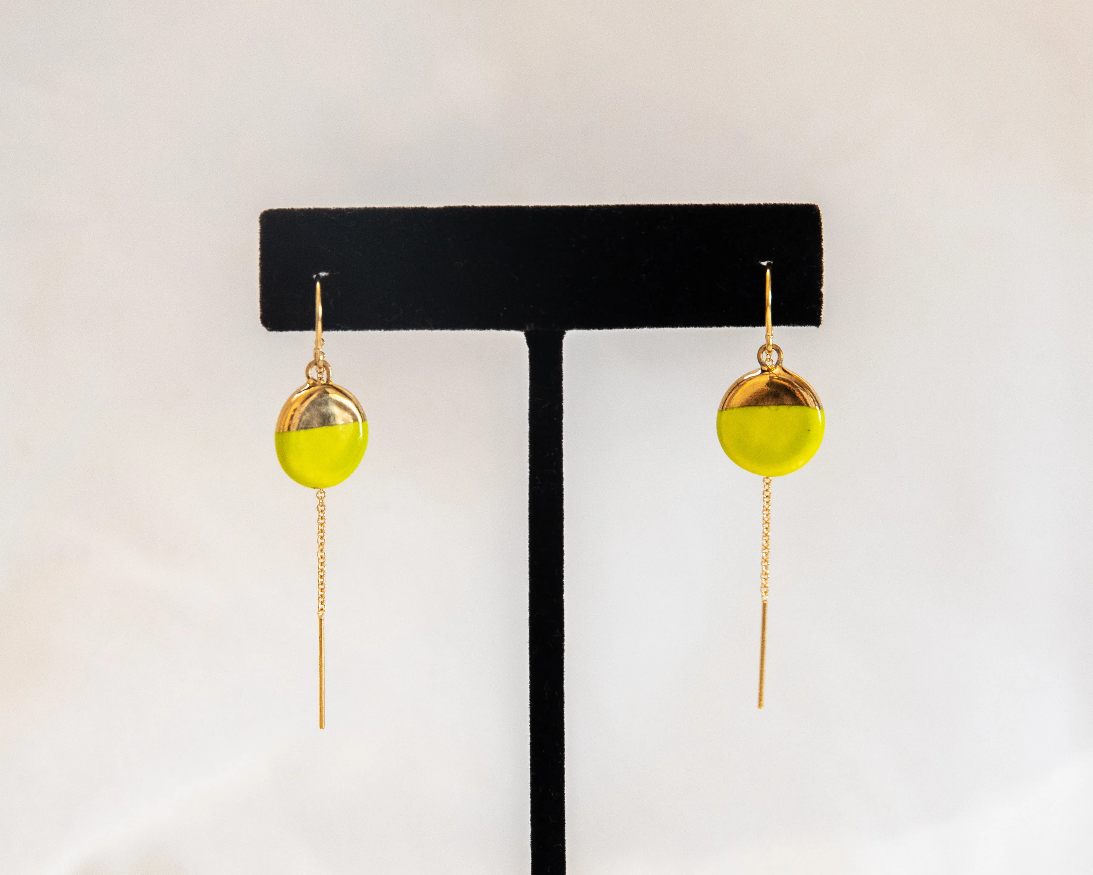 Porcelain Drop Gold Neon Green Threader Earrings