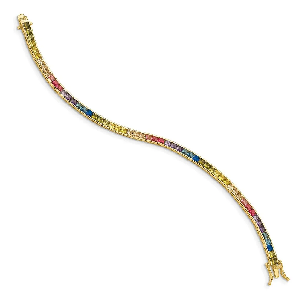 Prizma Sterling Silver Gold-tone 14K Flash Gold-plated 7.25 inch Channel-Set Colorful CZ Bangle