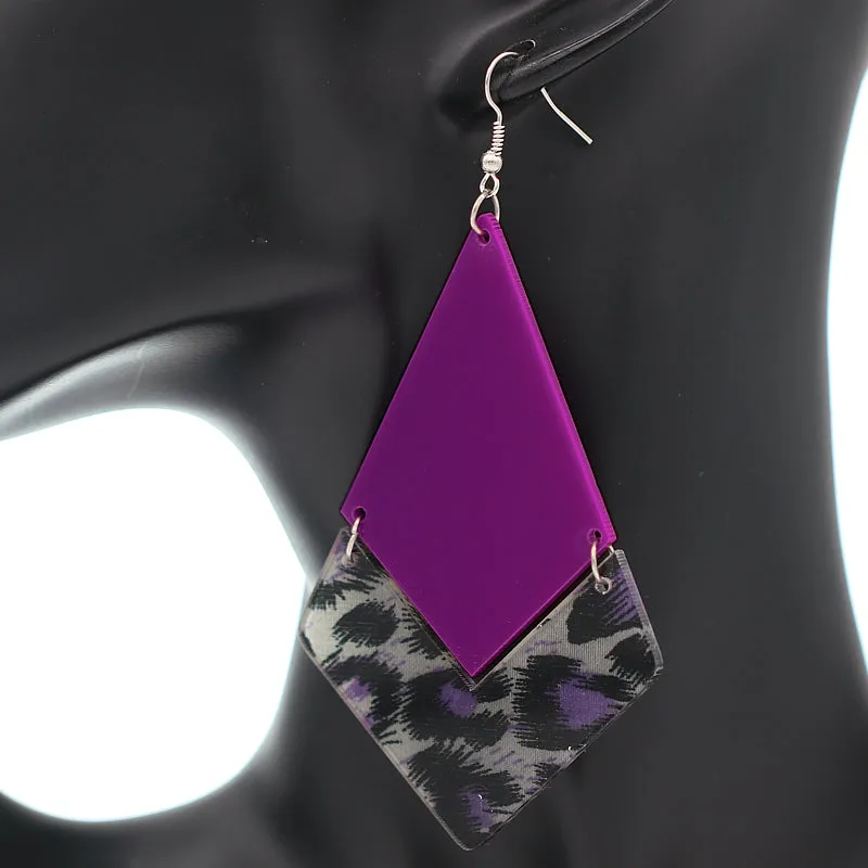 Purple Geometric Leopard Print Dangle Earrings