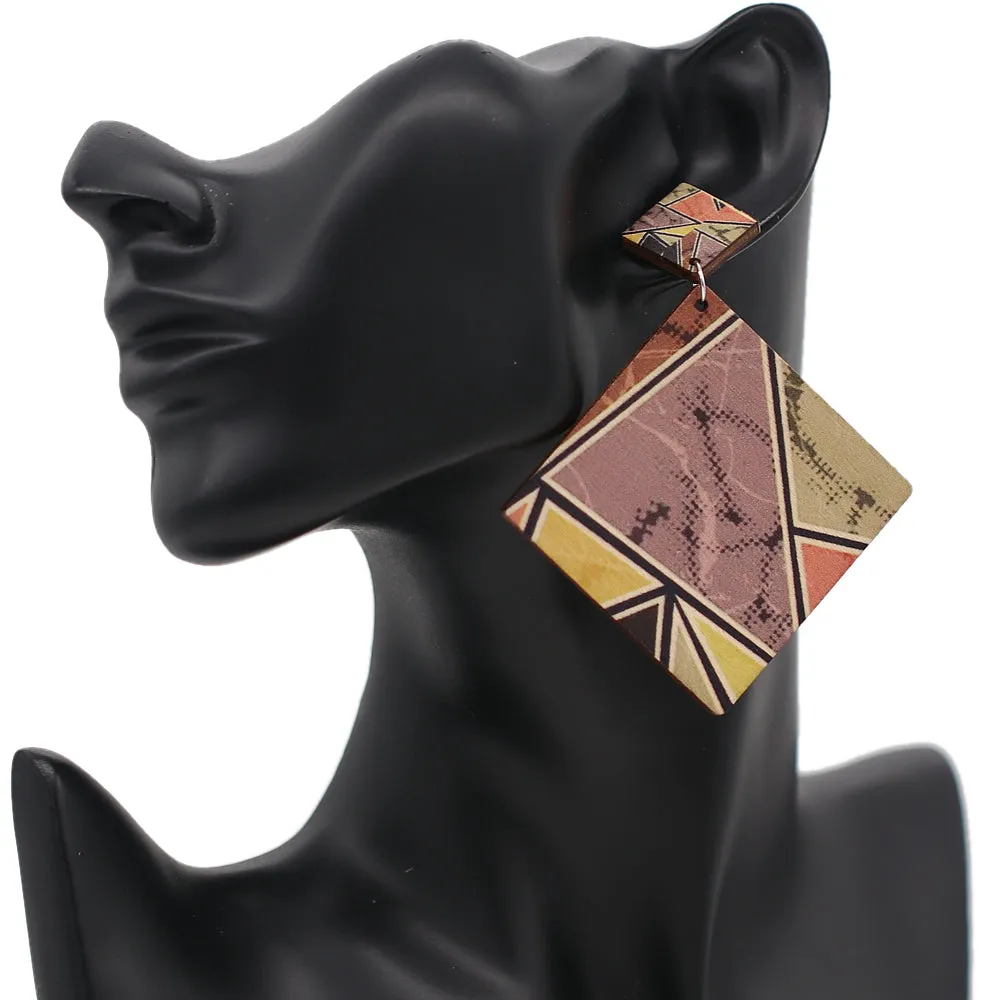 Purple Multicolor Geometric Wooden Earrings