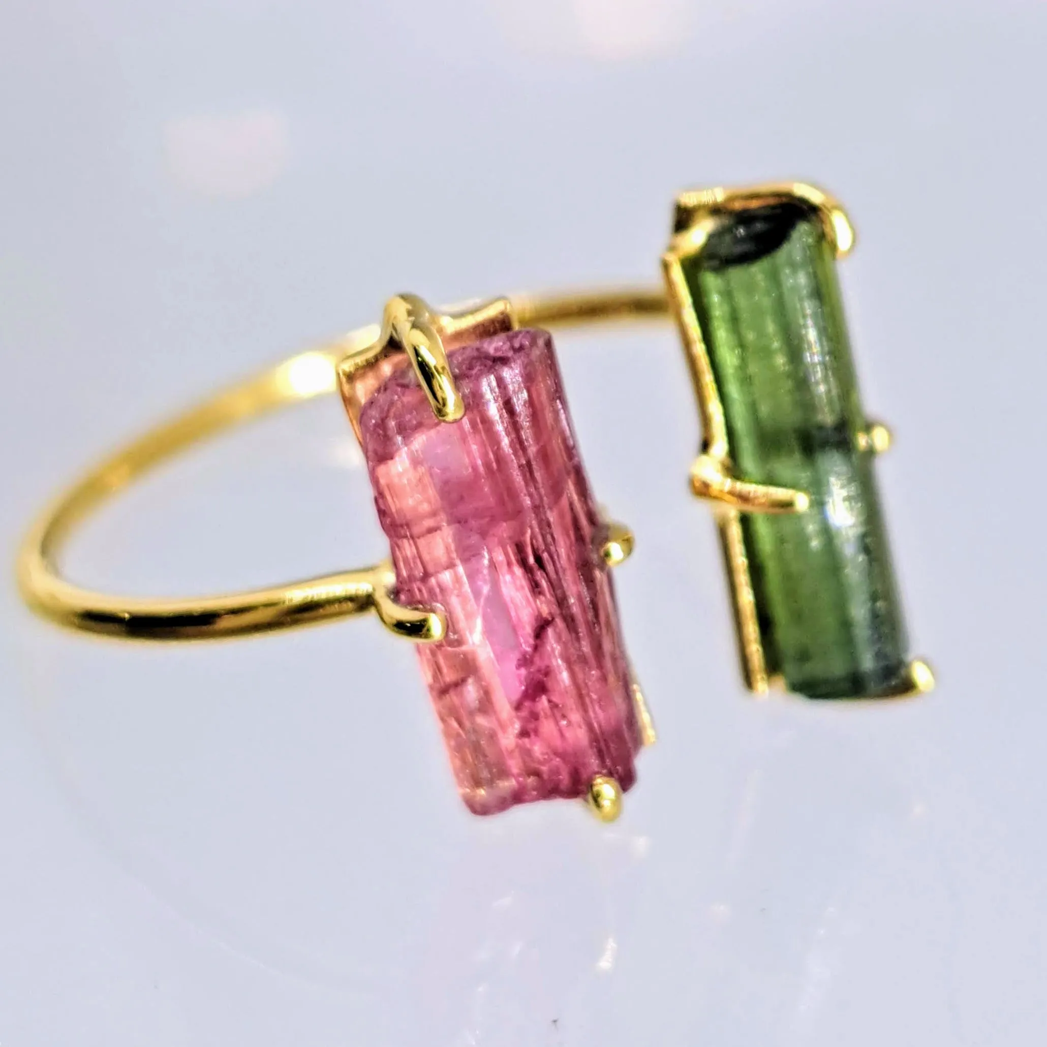 "Open To Greatness #2" Adj. Sz 6.5 to 7.5 Rings - Tourmaline, Black Sterling, 18K Gold