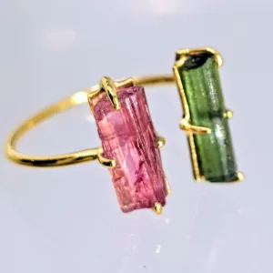 "Open To Greatness #2" Adj. Sz 6.5 to 7.5 Rings - Tourmaline, Black Sterling, 18K Gold