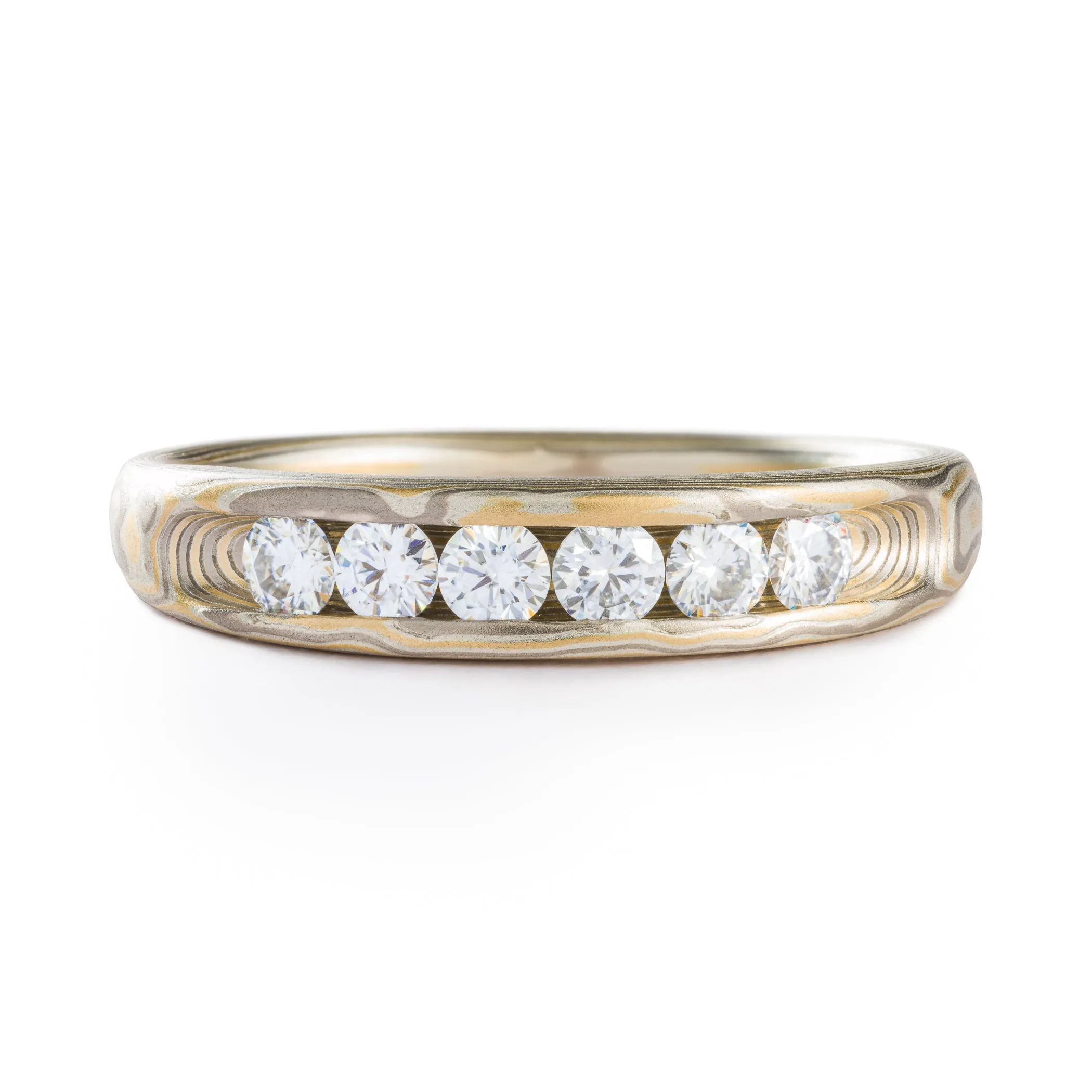 Radiant Gold Mokume Gane Ring or Wedding Ring in Woodgrain Pattern with Channel Set Moissanites