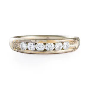 Radiant Gold Mokume Gane Ring or Wedding Ring in Woodgrain Pattern with Channel Set Moissanites