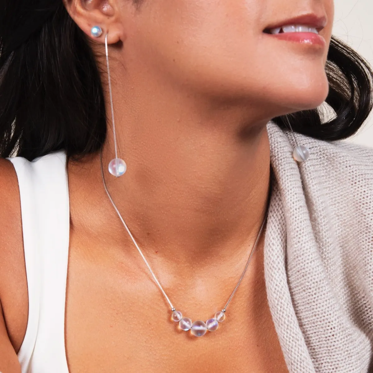 Rainbow White | .925 Sterling Silver | Mermaid Glass Chain Drop Threader Earrings
