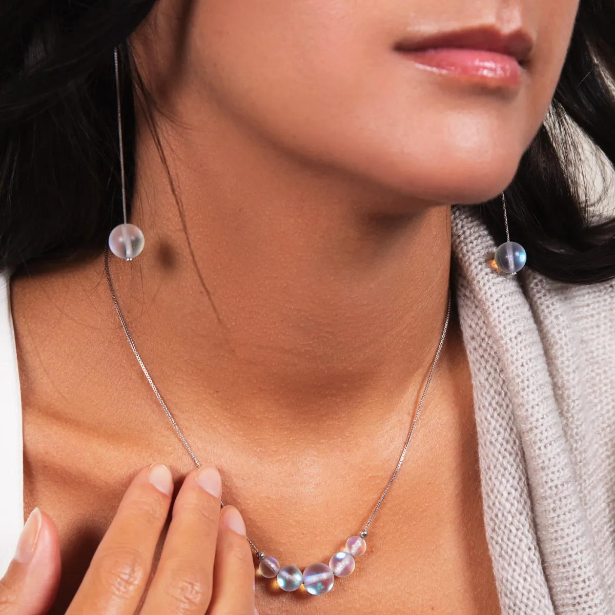 Rainbow White | .925 Sterling Silver | Mermaid Glass Chain Drop Threader Earrings