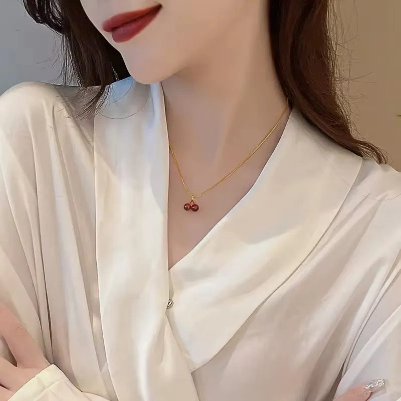 Red Wine Cherry Lady Gold Color Pendant Necklace