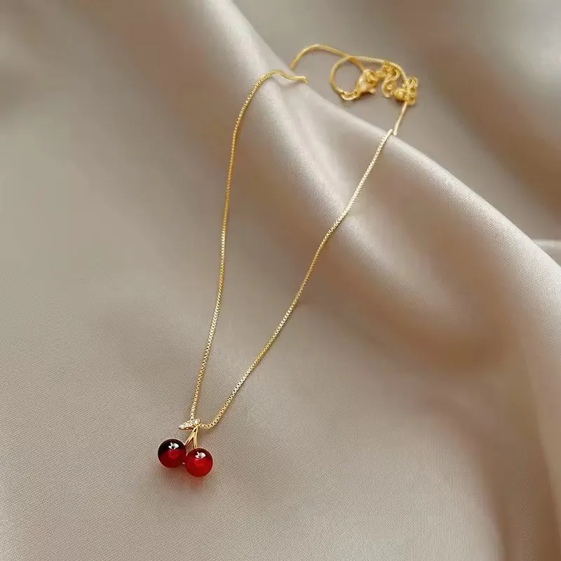 Red Wine Cherry Lady Gold Color Pendant Necklace
