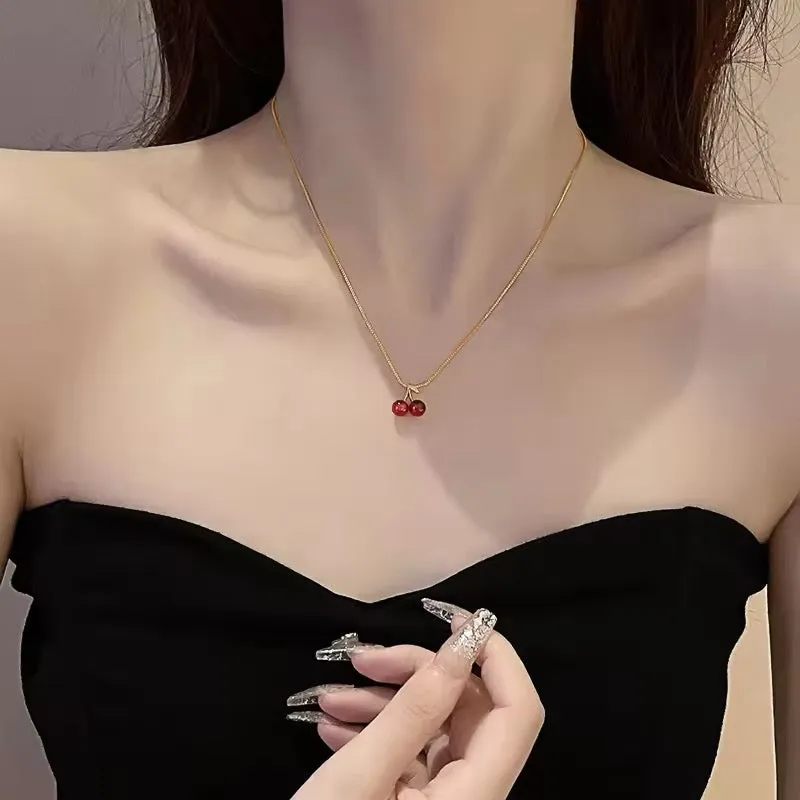 Red Wine Cherry Lady Gold Color Pendant Necklace