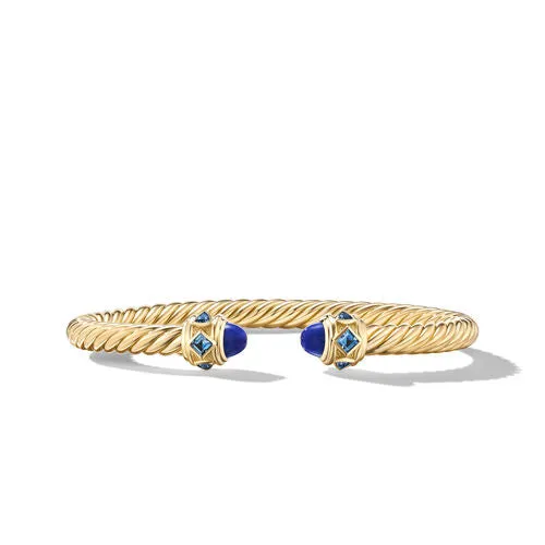 Renaissance Cablespira Bracelet in 18K Yellow Gold with Lapis and Hampton Blue Topaz, 5mm, Size Medium