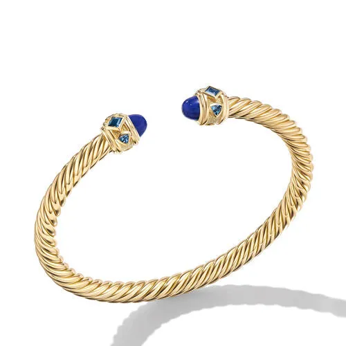 Renaissance Cablespira Bracelet in 18K Yellow Gold with Lapis and Hampton Blue Topaz, 5mm, Size Medium