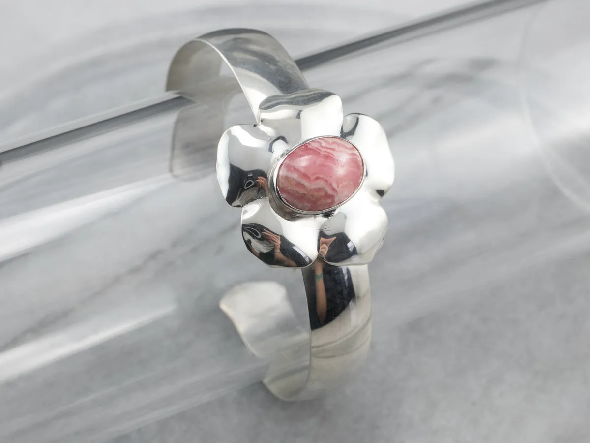 Rhodochrosite Floral Sterling Silver Cuff Bracelet