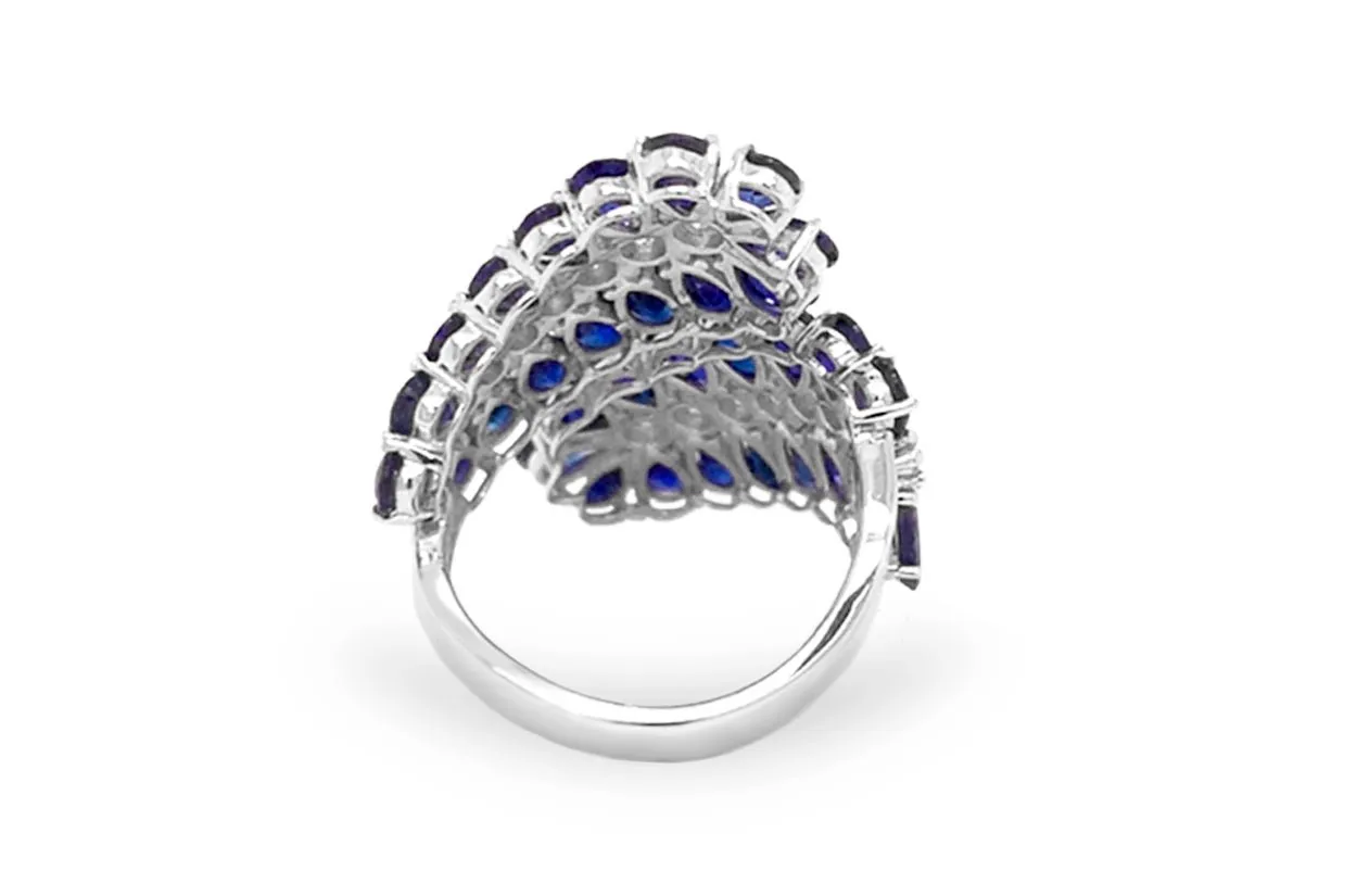 Ring 18kt Gold Leaves Blue Sapphire & Diamonds