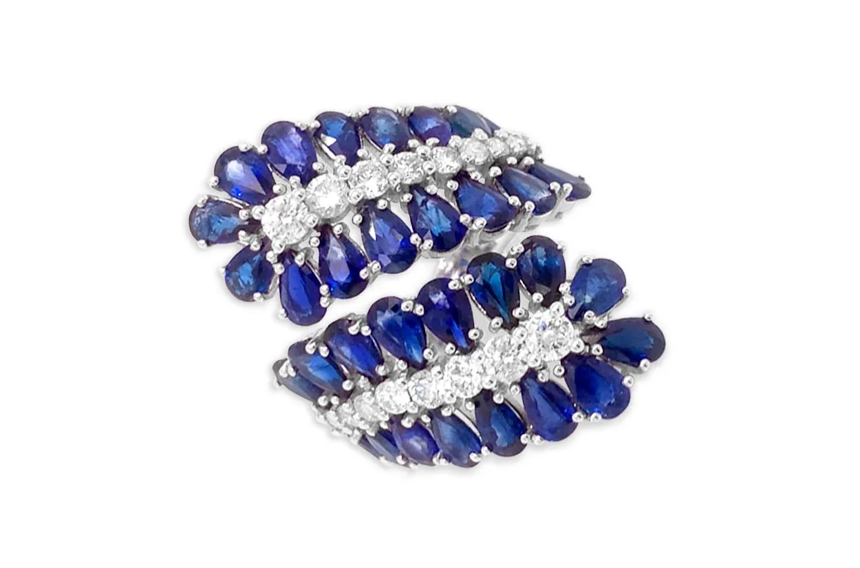 Ring 18kt Gold Leaves Blue Sapphire & Diamonds