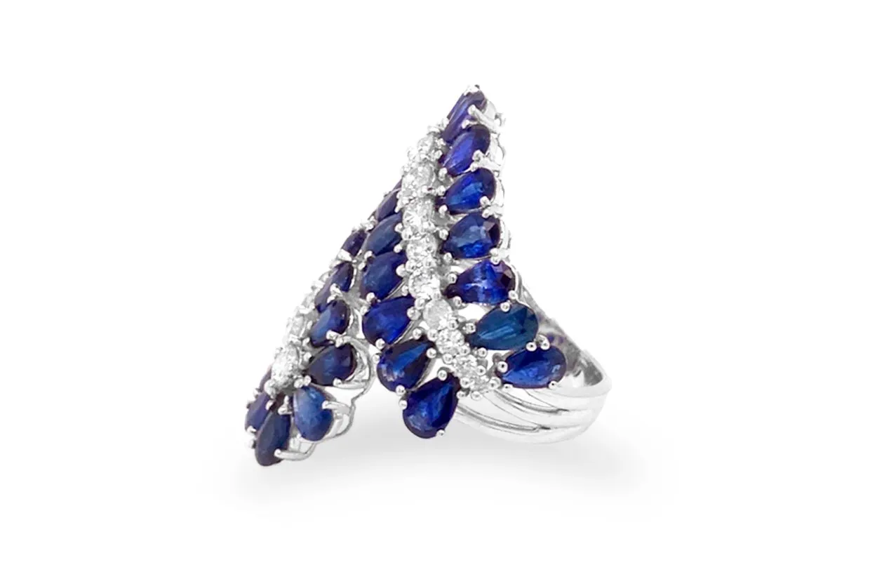 Ring 18kt Gold Leaves Blue Sapphire & Diamonds