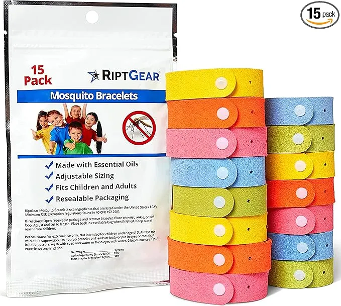 RiptGear Mosquito Bracelets - 15 Pack of Mosquito Bracelets for Kids and Adults, Insect Bracelet, Citronella Wristband - DEET Free Mosquito Wristbands, Camping Accessories