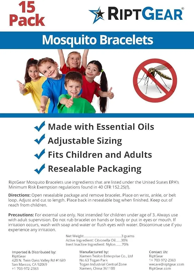 RiptGear Mosquito Bracelets - 15 Pack of Mosquito Bracelets for Kids and Adults, Insect Bracelet, Citronella Wristband - DEET Free Mosquito Wristbands, Camping Accessories