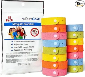 RiptGear Mosquito Bracelets - 15 Pack of Mosquito Bracelets for Kids and Adults, Insect Bracelet, Citronella Wristband - DEET Free Mosquito Wristbands, Camping Accessories